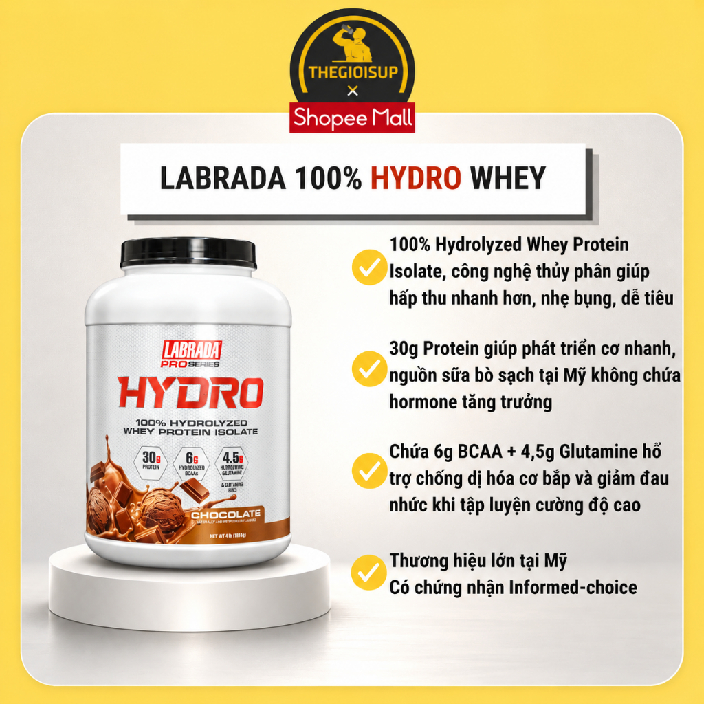Thực phẩm bổ sung Labrada HYDRO WHEY (Hộp 1814g) - 100% Hydrolyzed Whey Protein Isolate