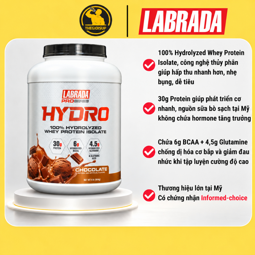 Thực phẩm bổ sung Labrada HYDRO WHEY (Hộp 1814g) - 100% Hydrolyzed Whey Protein Isolate