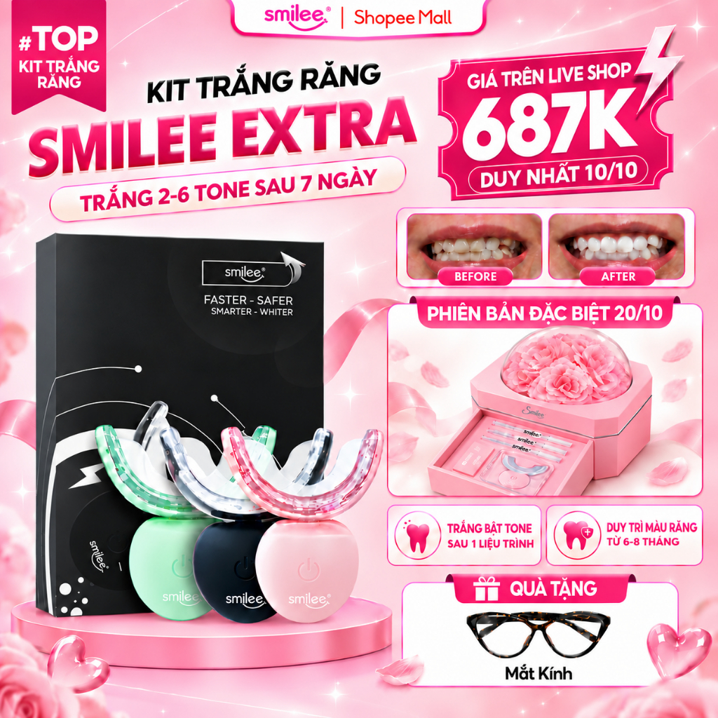[GIÁ 631K TẠI LIVE SHOP] Trắng răng SMILEE EXTRA, bộ kit làm trắng răng từ 2-6 tone tại nhà, bộ quà tặng cho nữ, LIS