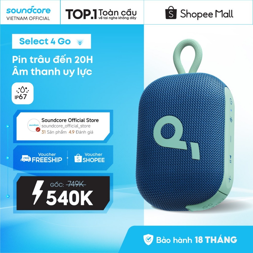 Loa bluetooth soundcore Select 4 Go Pin 20 giờ Kháng bụi, nước IP67