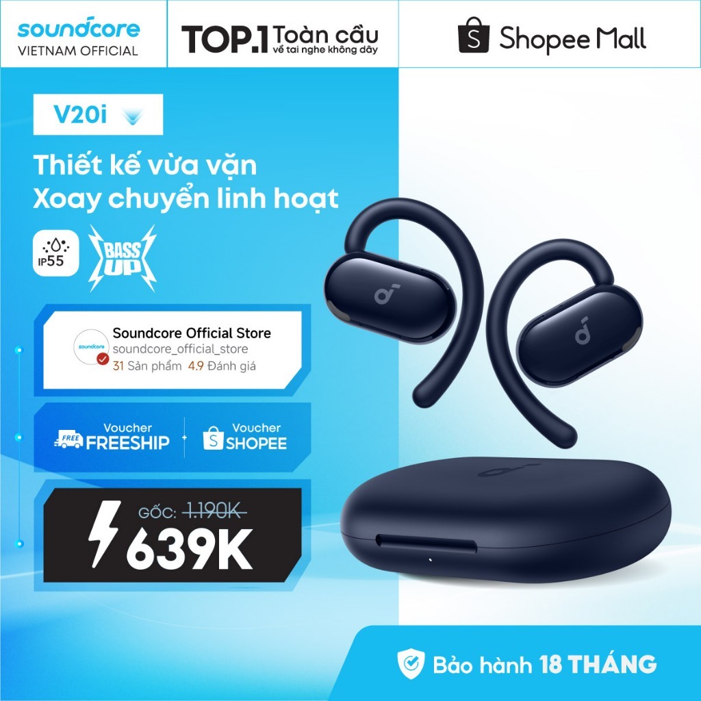 Tai nghe bluetooth Open-Ear soundcore V20i thiết kế mở Siêu gọn nhẹ Chống nước…
