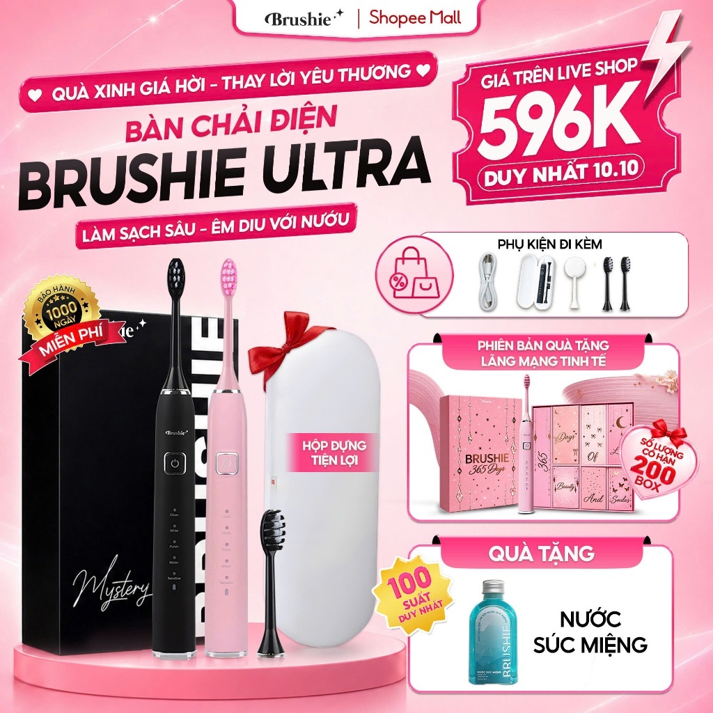 [GIÁ 540K LIVE SHOP] Bàn Chải Điện Brushie Ultra One Lông Mềm Mại, Tích Hợp Máy Rửa Mặt, Set Quà Tặn
