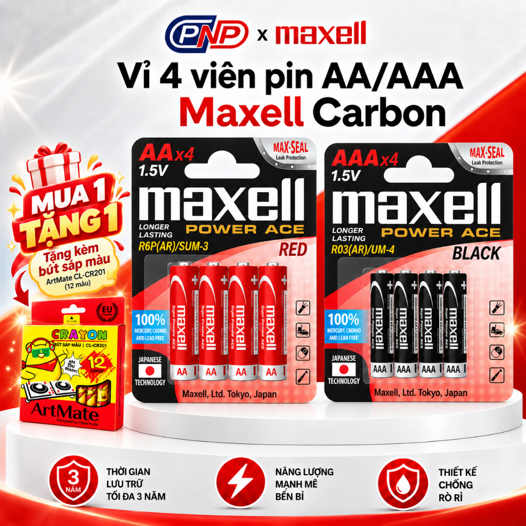 Vỉ 4 viên Pin AA/AAA 1.5V Maxell Carbon xuất xứ Nhật Bản độ bền tốt, an toàn…