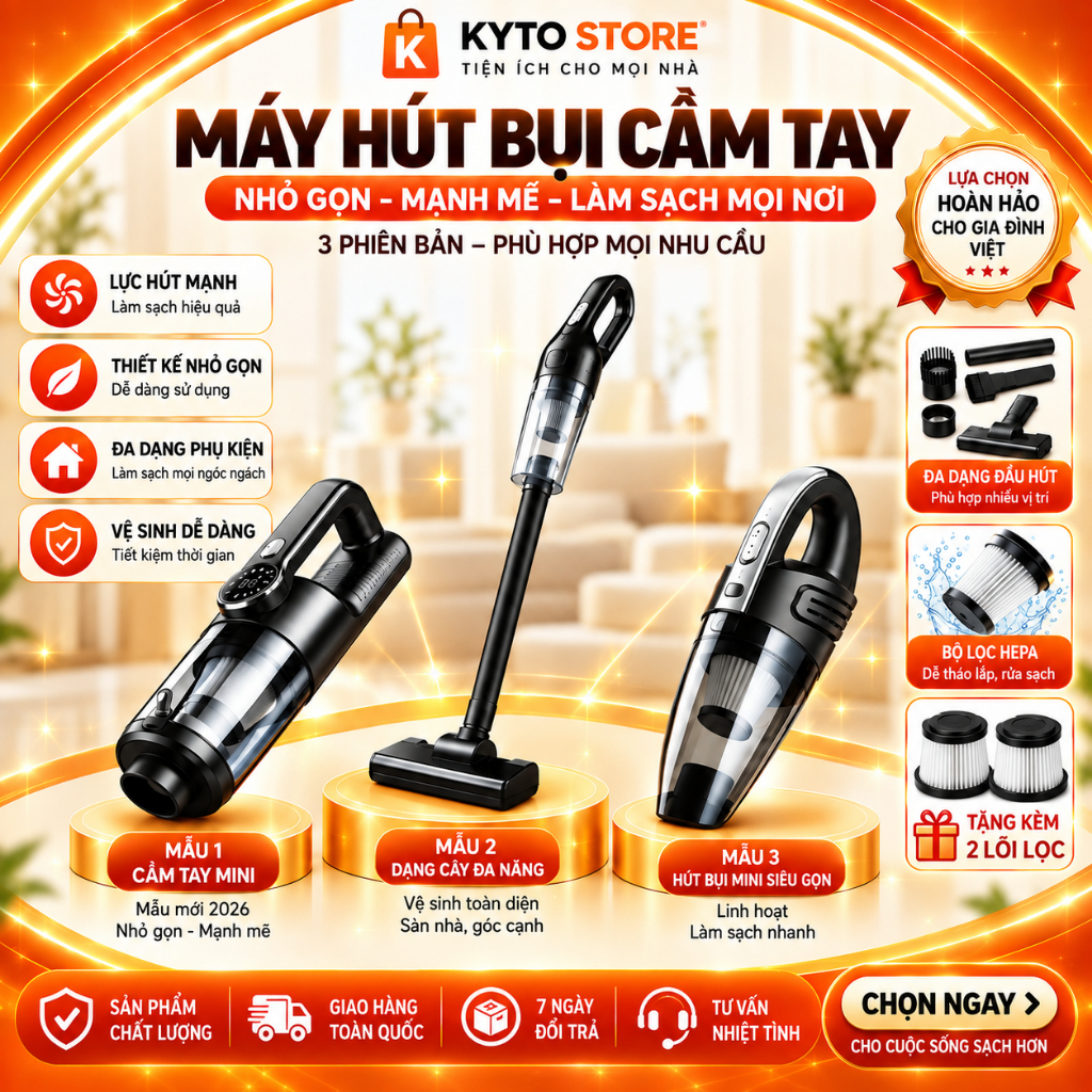 Máy hút bụi cầm tay KYTO không dây, hút bụi giường nệm, nhà cửa, ô tô Bảo hành…