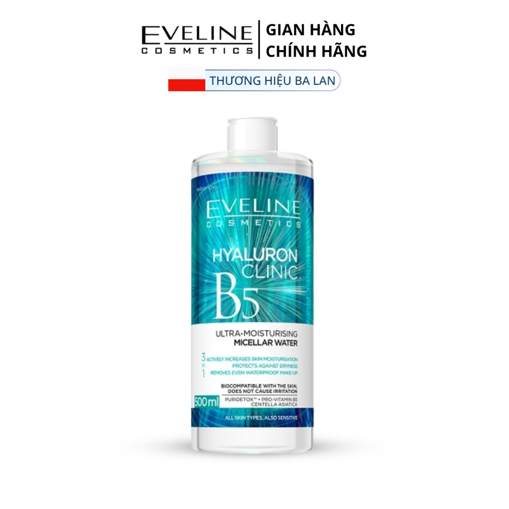 Nước tẩy trang Eveline Cosmetics B5 Hyaluron Clinic làm sạch, dưỡng ẩm da 500ml