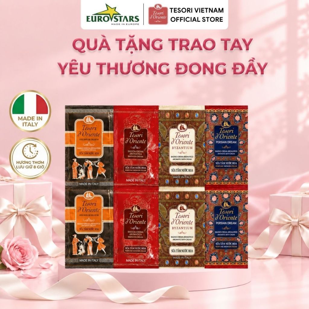 Gói Sữa Tắm Hương Nước Hoa Tesori d'Oriente Nhập Khẩu Ý (Dây 12 Gói/6 Gói 9ml) - Lưu Hương Lâu, Tiện Lợi Đi Du Lịch