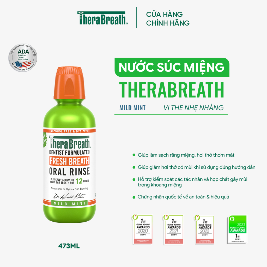 TheraBreath Nước Súc Miệng Không Cồn 473ml - Vị Mild Mint không cay - Làm sạch…