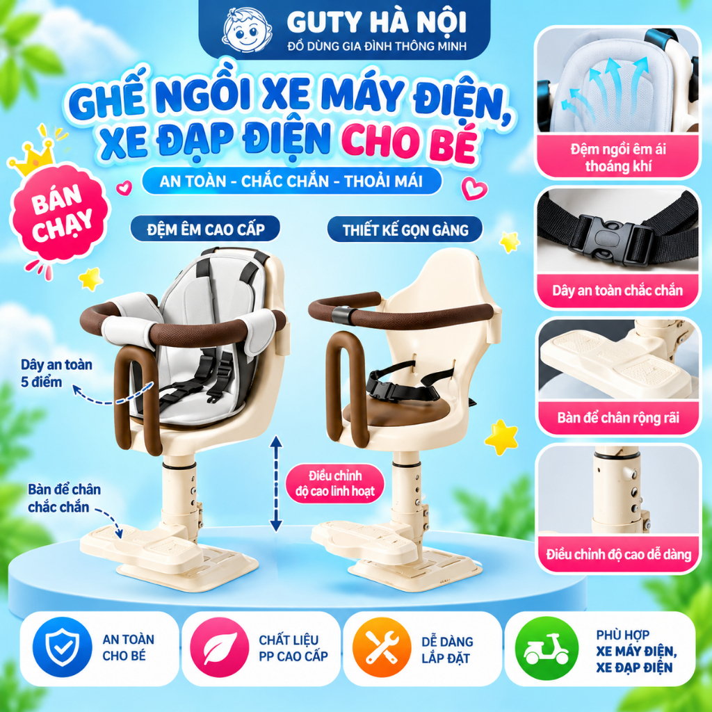 Ghế Ngồi Xe Máy Điện, Xe Đạp Điện Cho Bé – Ghế Trẻ Em Gắn Xe Điện Có Đai An…