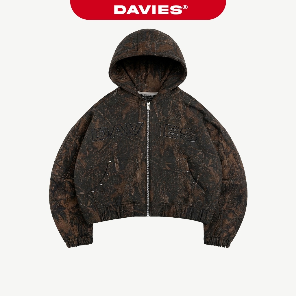 Áo khoác nỉ bông hoodie zip DAVIES hoạ tiết lá rừng đen nâu thêu chữ nổi đính nút Commando Hoodie Zi