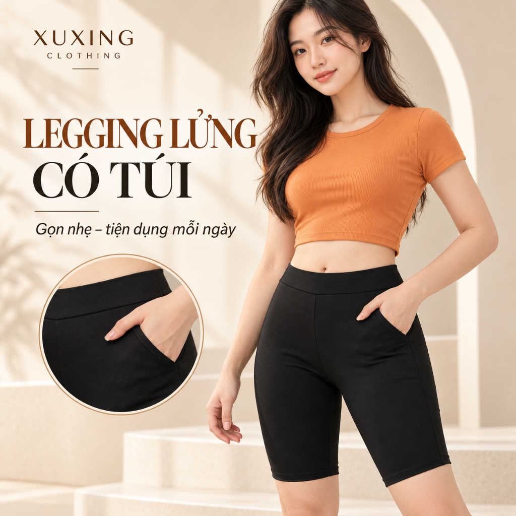 Quần Legging Lửng Nữ XUXING Cotton Co Giãn Có Túi, Cạp Chun Ôm Dáng Thoải Mái Mã LG03