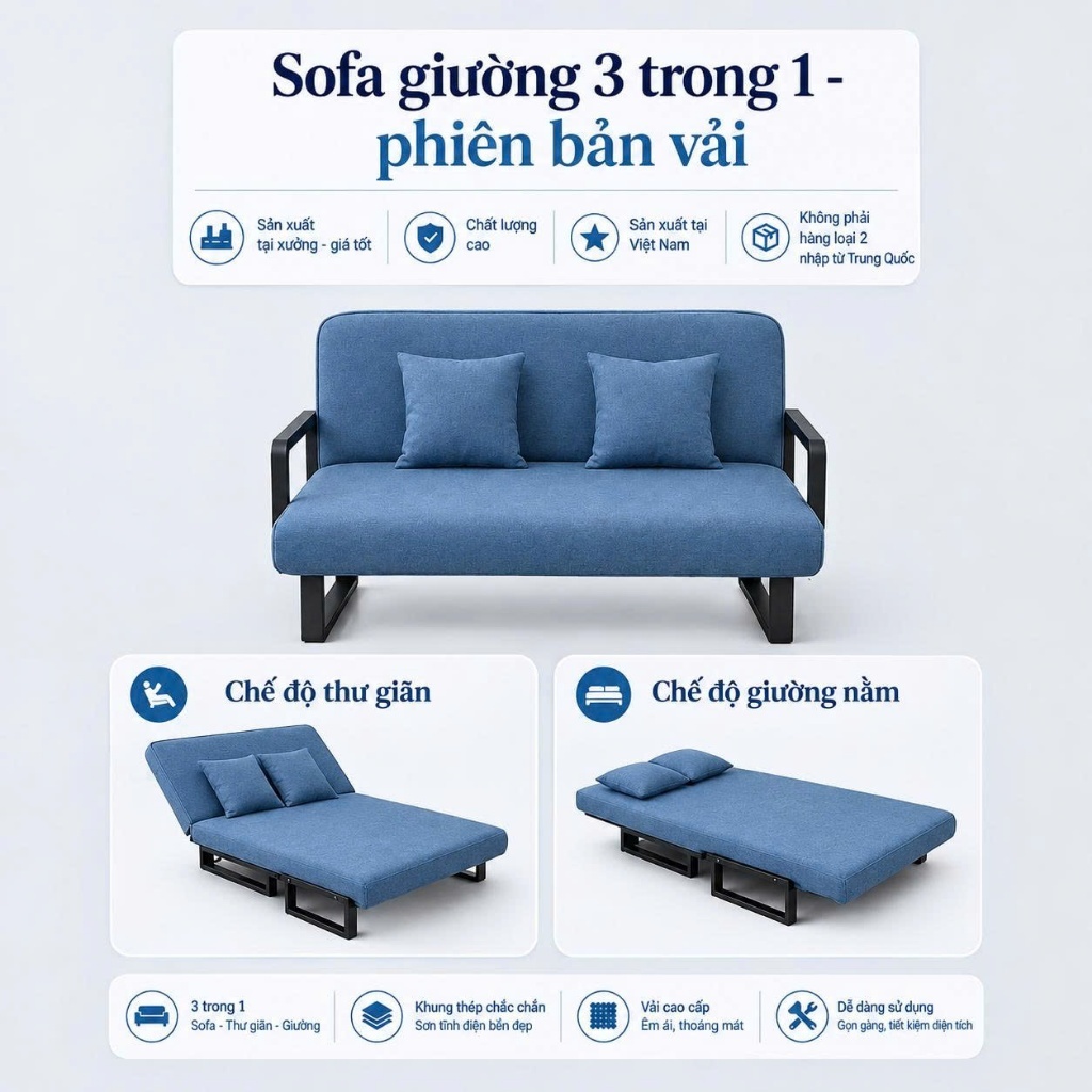 Ghế Sofa Giường Gấp Gọn Đôi Và Mở Ra Thành Giường SFB002, Chân Trụ Khung Thép Chắc Chắn
