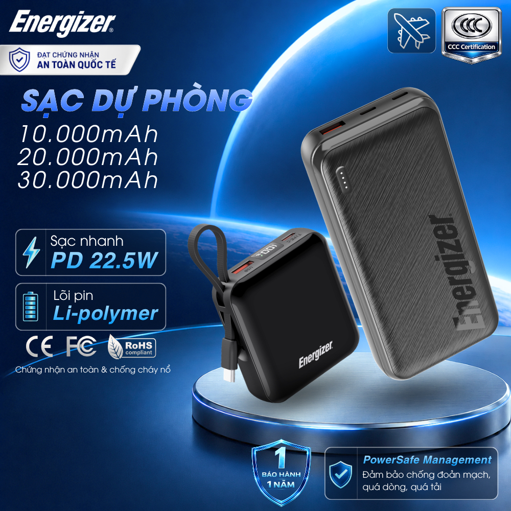 Pin Sạc Dự Phòng Energizer Li-polymer 10000mAh/ 20000mAh/ 30000mAh Sạc Nhanh PD Cho iPhone/ Samsung,