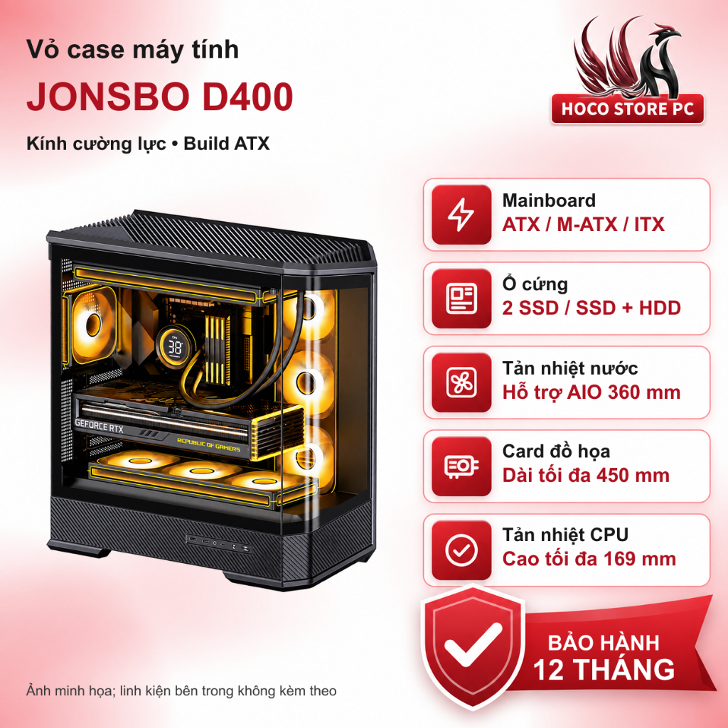 Vỏ case Jonsbo D400 ATX kính cường lực, USB-C, AIO 360mm