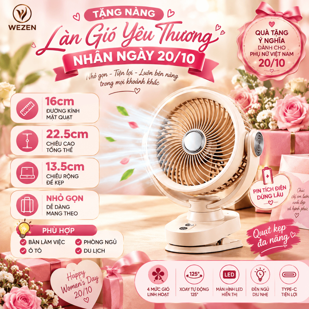 Quạt Tích Điện Kẹp Bàn Êm Chống Ồn, 5 inch 4 cấp gió, Liên Tục 12H - WEZEN