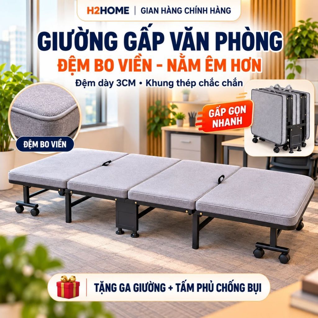 Giường gấp văn phòng, giường xếp cao cấp gấp gọn 4 khúc H2Home khung hợp kim sơn tĩnh điện siêu bền 