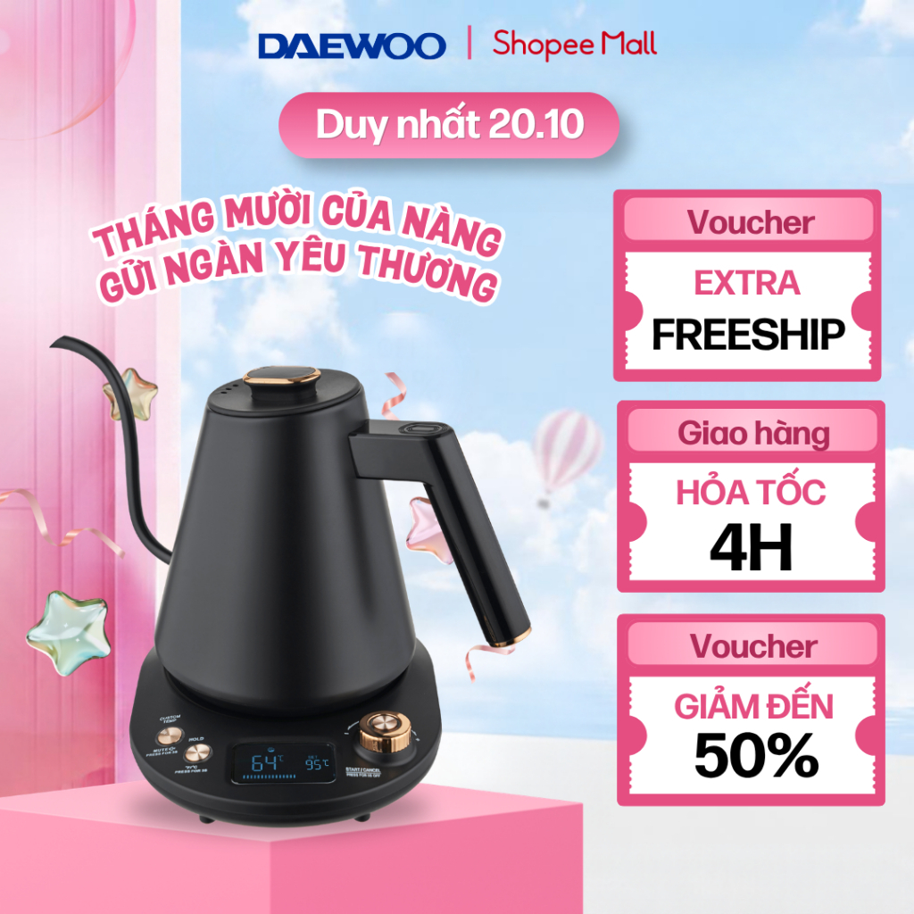 Ấm đun siêu tốc cổ ngỗng Daewoo 13 mức nhiệt chính xác giữ ấm 2 tiếng 1L DWK-GN10LCD BH 2 năm