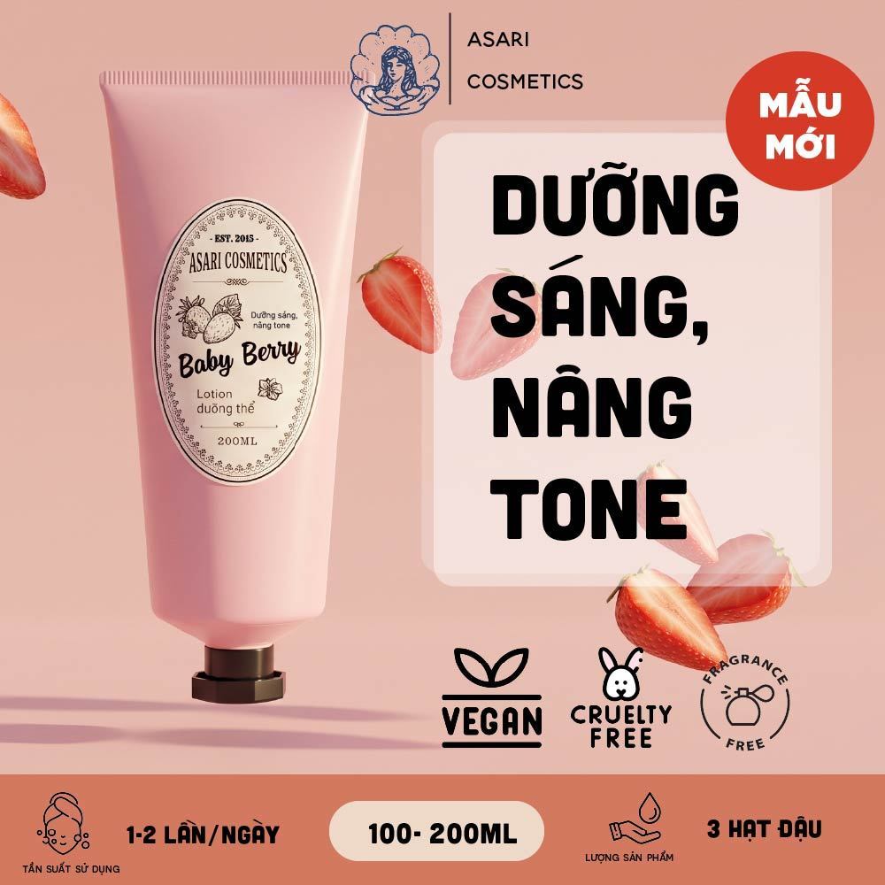 [100-200ml] Lotion dưỡng thể Baby Berry dưỡng sáng, nâng tone, giảm sạm Asari Cosmetics