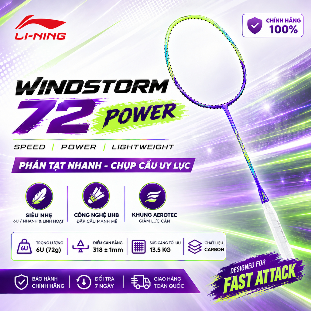 [Hỏa Tốc] Khung Vợt cầu lông Li-Ning Windstorm 72 Power 6U - Siêu nhẹ chính hãng P-AYPU071-6