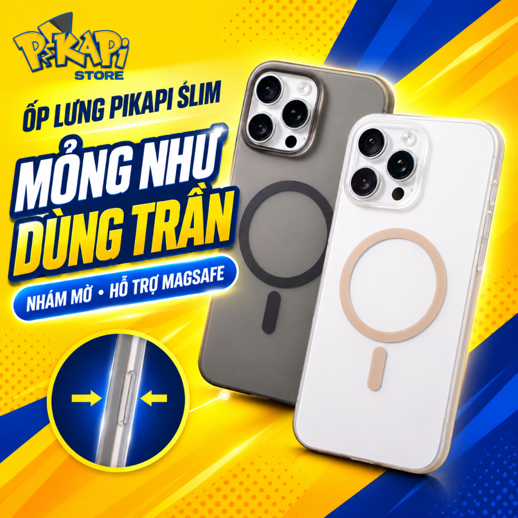 Ốp lưng dành cho iPhone Pikapi SLIM siêu mỏng 0.5mm: chất liệu NHỰA CỨNG, nhám mờ, chống bẩn