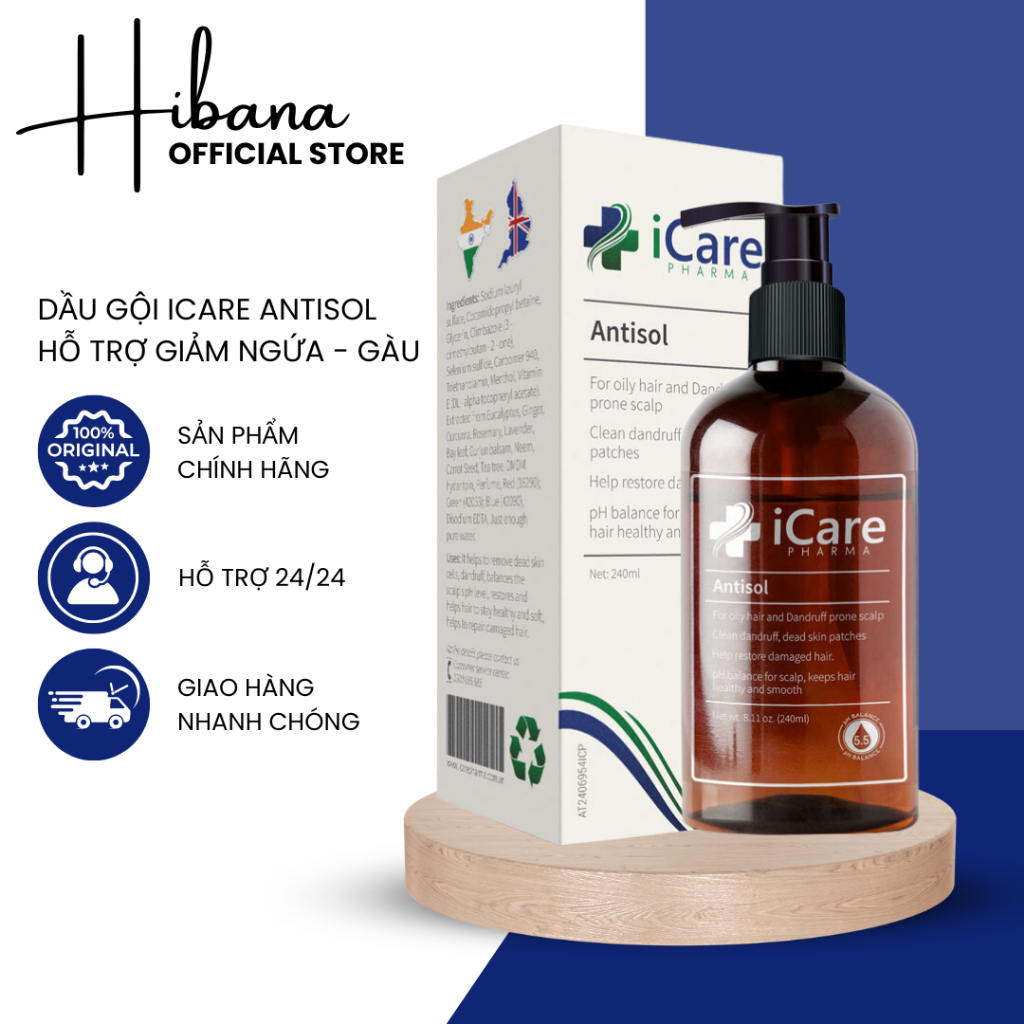 Dầu Gội iCare Pharma Antisol Dược Liệu PH 6.5 Giúp Làm Sạch Gàu Giảm Ngứa 240ml