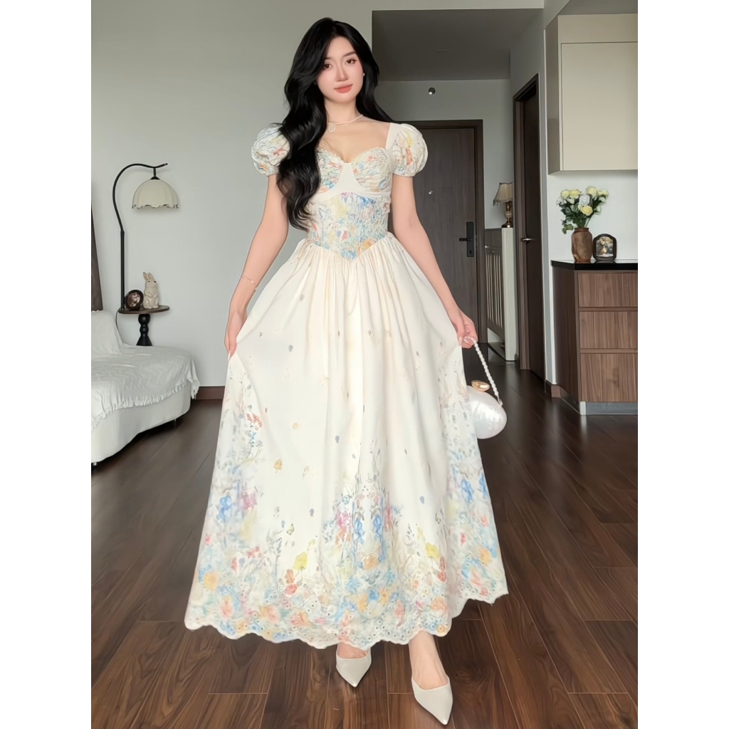 MORELA - ALORA DRESS - ĐẦM XÒE 3 LỚP DÀI 130CM. Chất vải boi thêu kết hợp in hoa sắc nét