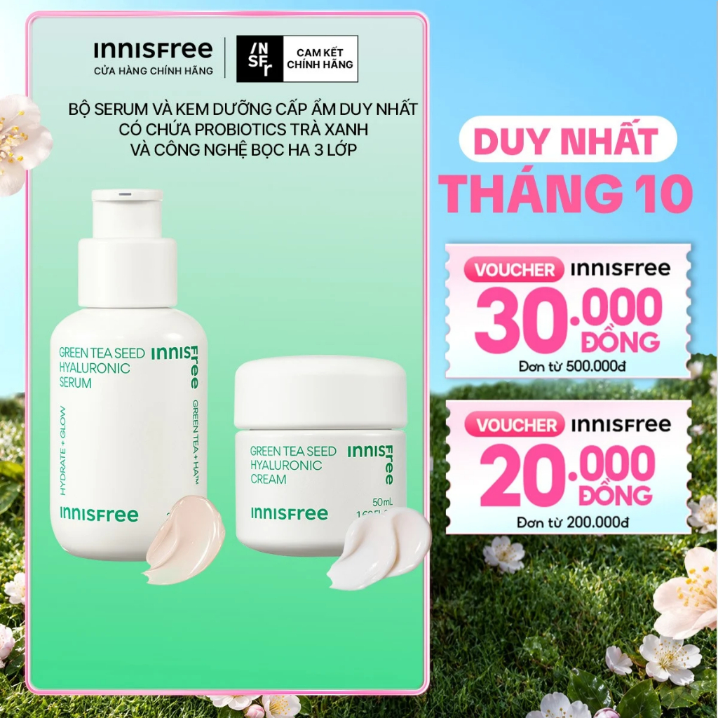 Bộ đôi Serum Trà Xanh INNISFREE cấp ẩm sâu, phục hồi da với Probiotics 80mL và Kem dưỡng ẩm trà xanh 50ml