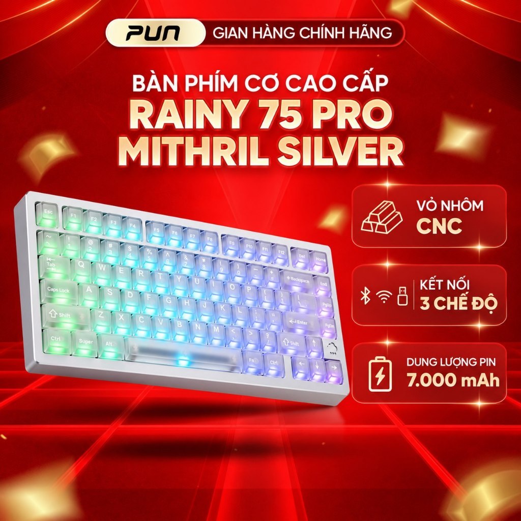 Bàn phím cơ WOBKEY Rainy75 Pro Mithril Silver, nhôm CNC, 3 mode, RGB, pin 7000mAh