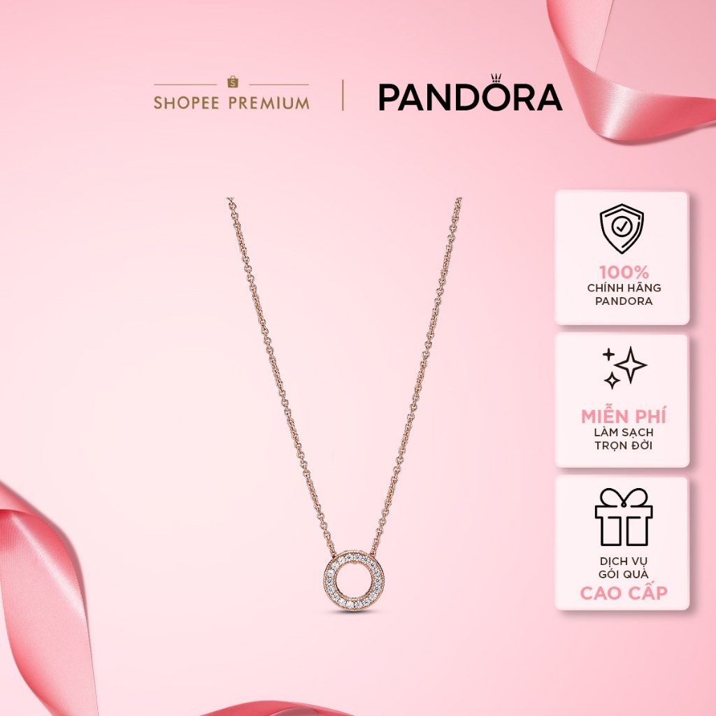 Dây Chuyền Pandora Signature Mạ Vàng Hồng 14k Mặt Tròn Chữ O - Pandora Logo Pavé Circle Collier Neck