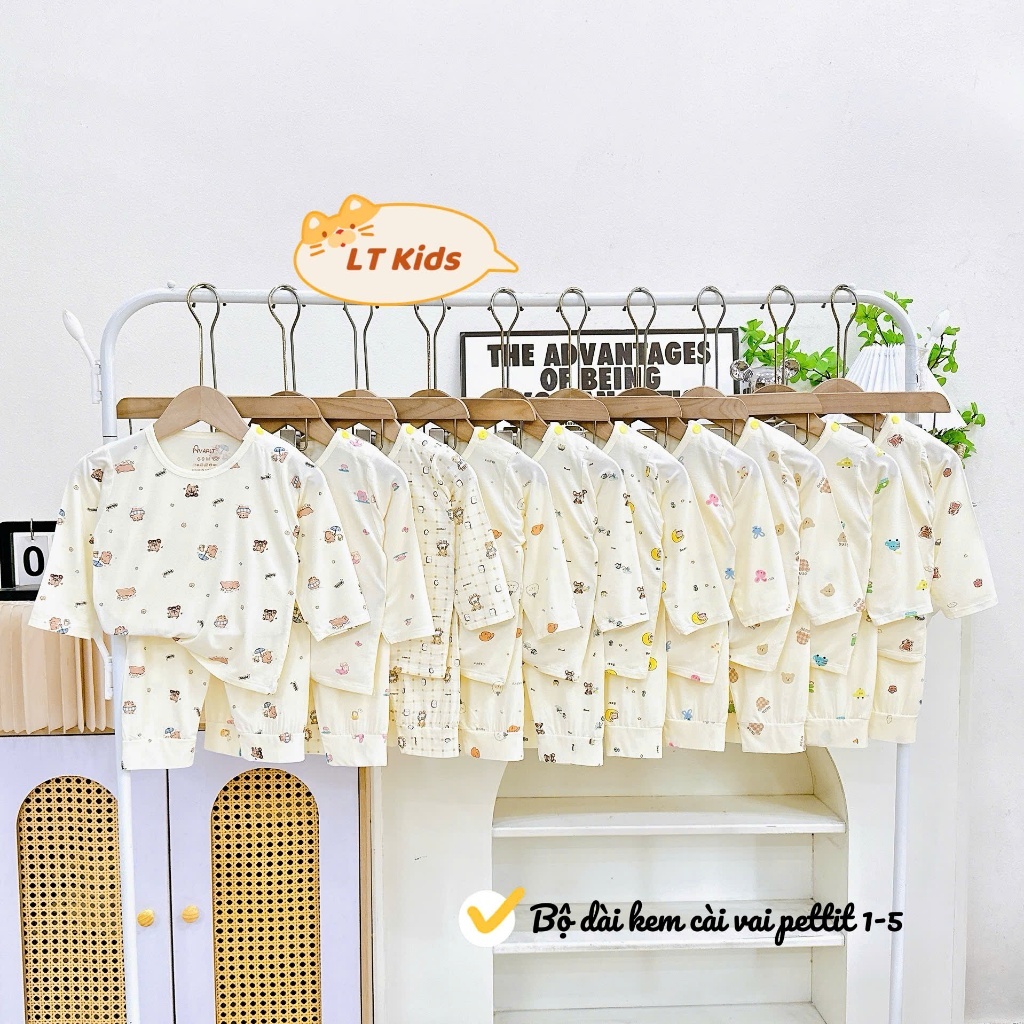 Set 5 BỘ DÀI TAY THUN LẠNH PEPTIT NỀN KEM IN HỌA TIẾT CHO BÉ 3-13KG