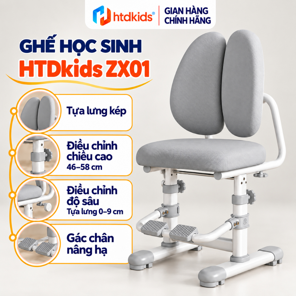 Ghế Học Sinh Chống Gù HTDkids ZX01 - Ghế Công Thái Học Tăng Giảm Chiều Cao Có Gác Chân Cho Bé (Bảo H
