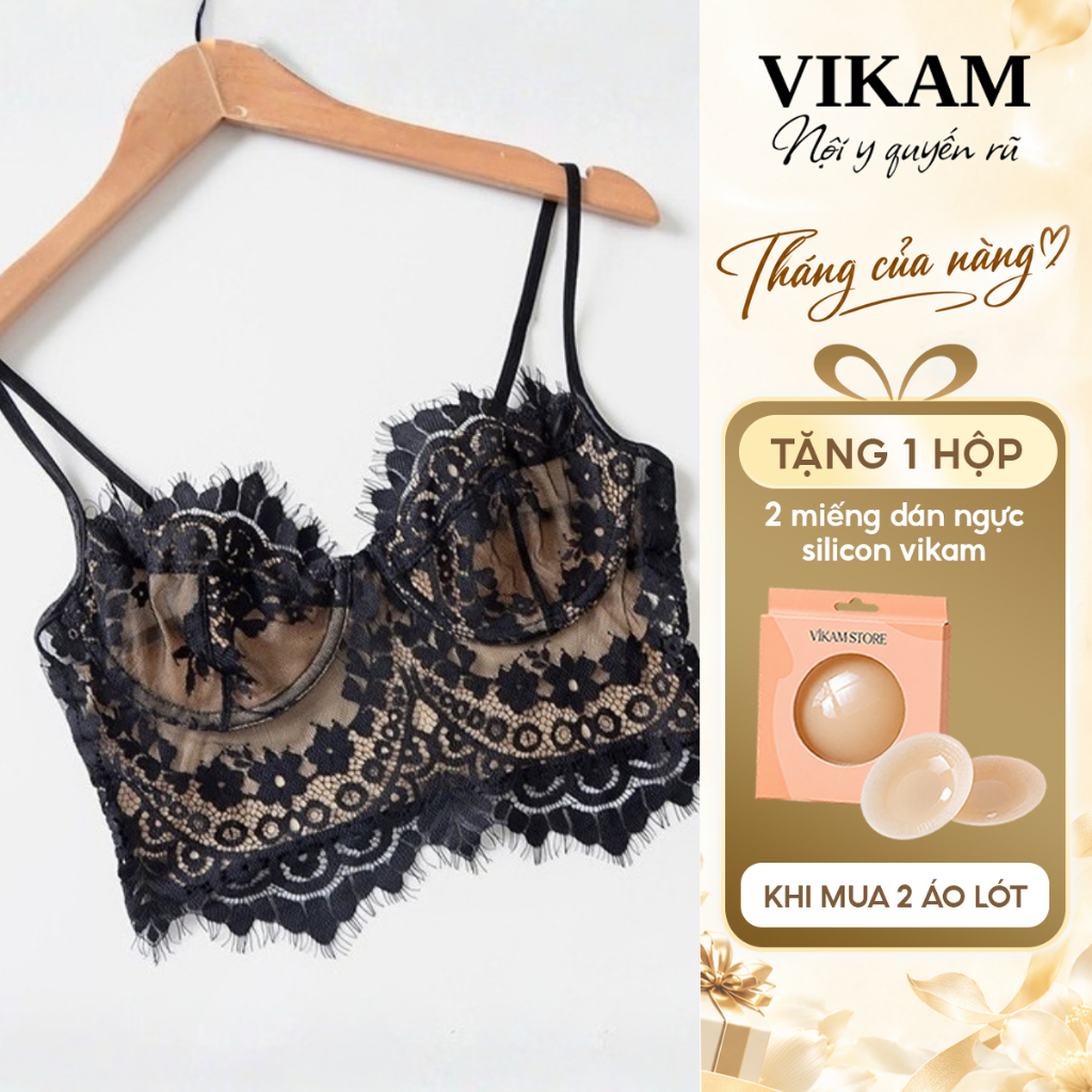 Bra Ren Cao Cấp VIKAM Có Gọng Đệm Mỏng 0.5cm Nữ Mặc Phối Nhiều Phong Cách, Áo Lót Nữ Ren Cá Tính - VKB034