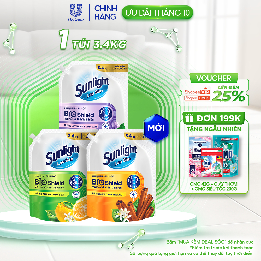 Nước lau sàn cao cấp Sunlight Bioshield Túi 3.4kg Ngăn côn trùng đến 24h / Khử 5 mùi hôi
