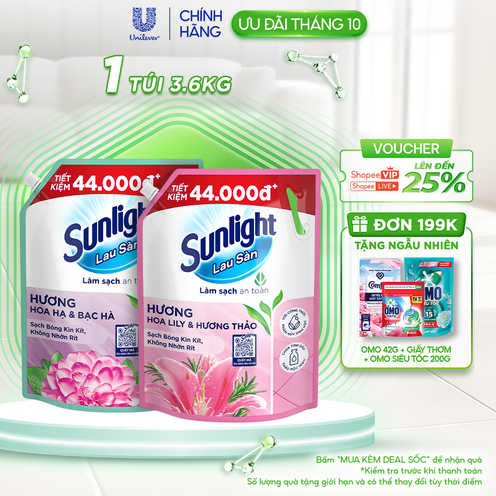 Nước Lau Sàn Sunlight Tinh Dầu Thảo Mộc Sạch Bóng Túi 3,6 KG Hoa Hạ - Bạc Hà Lily - Bạch Trà Hoa Lavender
