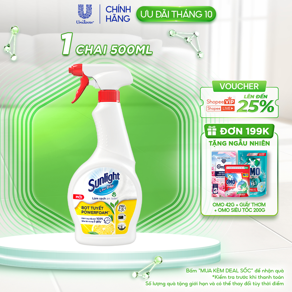 Bọt tuyết lau bếp Sunlight POWERFOAM - Đánh bay dầu mỡ 100%, tiện lợi trong 5 giây 500ml
