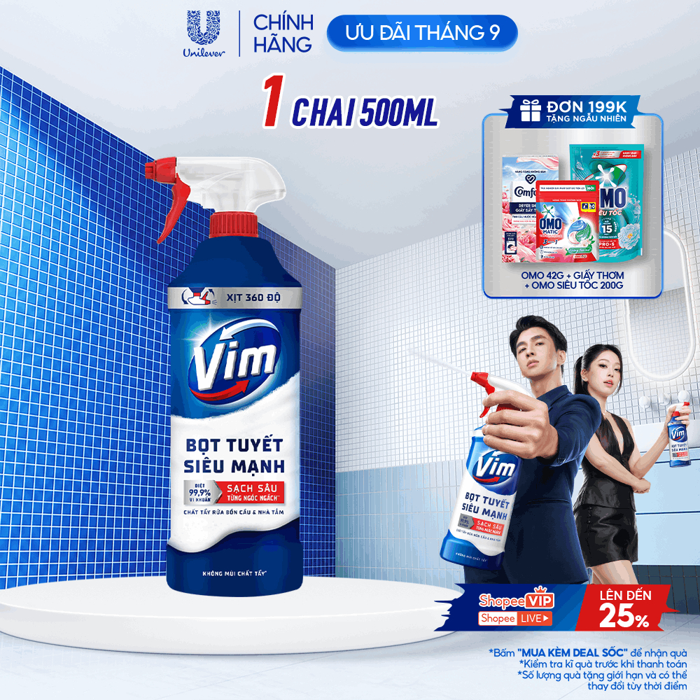 Bọt Tuyết Siêu Mạnh Tẩy Bồn Cầu và Nhà Vệ Sinh Vim Diệt 99,9% Vi Khuẩn (500ml)