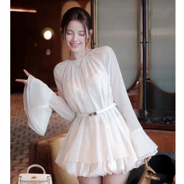 [DEAL MỞ BÁN] | Set 2 món : Áo sơ mi cổ tròn voan tơ mềm tay loe dài + Quần bí lụa cao cấp ( kèm đai belt)-hàng có sẵn