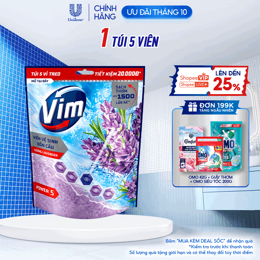 Túi 5 Viên Treo Vệ Sinh Bồn Cầu Vim Power 5 | Sạch Thơm Đến 300 Lần Xả (50g/viên)