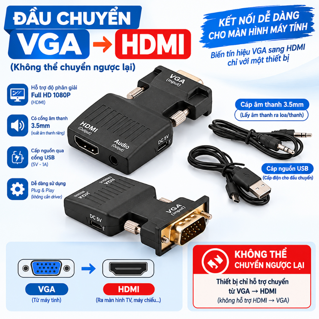 Bộ chuyển đổi VGA sang HDMI (VGA to HDTV Converter) dùng để kết nối máy tính với màn hình hoặc TV có