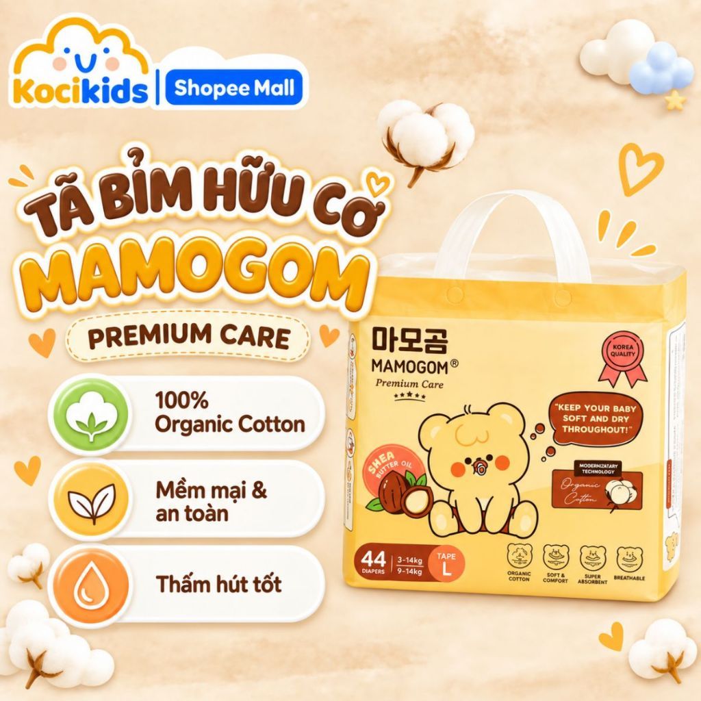 Tã Bỉm Dán/Quần hữu cơ MAMOGOM Premium Care công nghệ Hàn đủ size NB40/S62/M52/M48/L44/XL40/XXL38