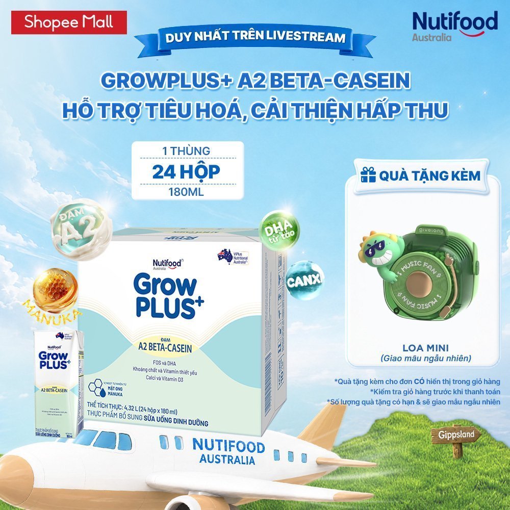 [Livestream] Thùng 24 hộp Sữa bột pha sẵn GrowPLUS+ Đạm A2 Beta-Casein Hộp 180ml