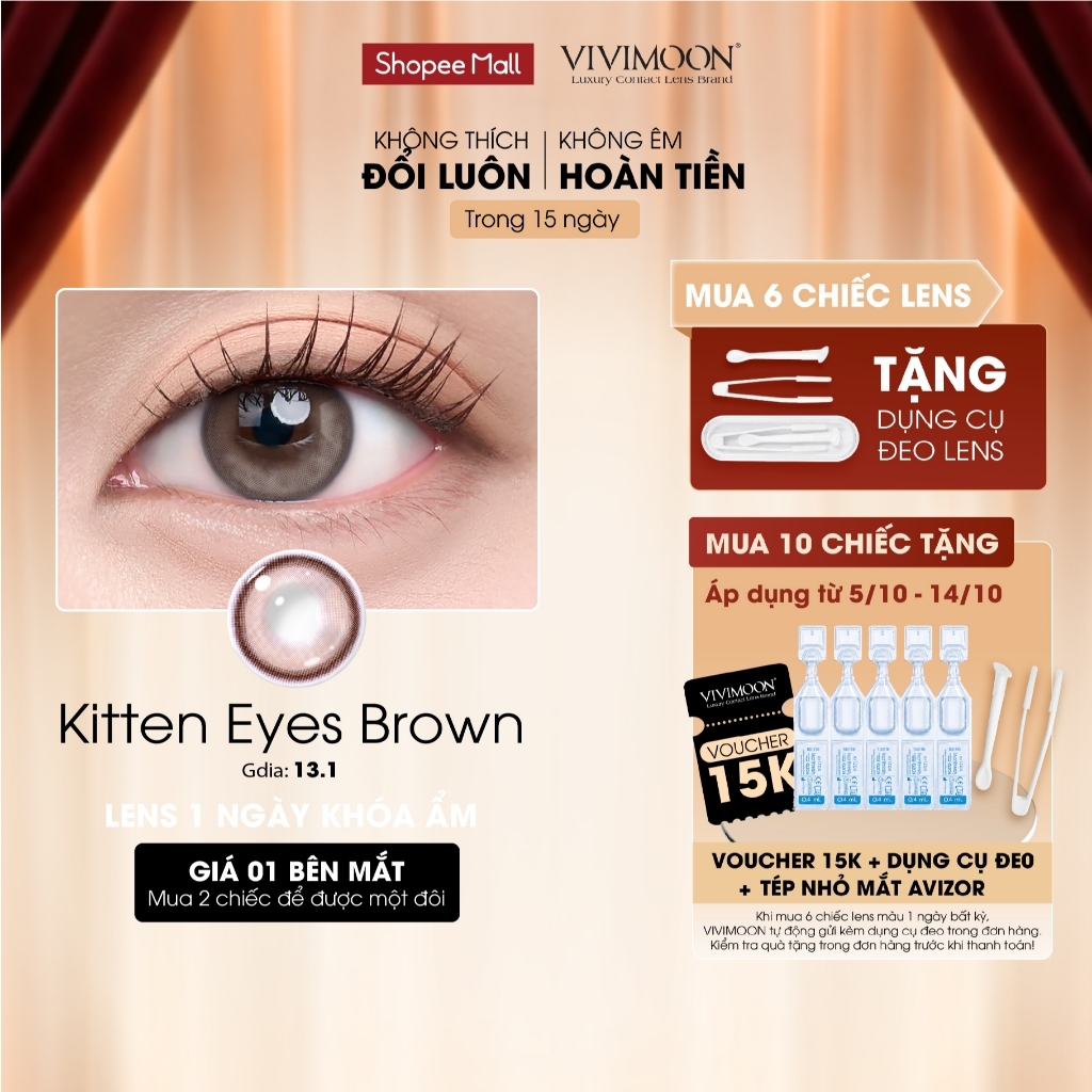 01 Chiếc Kính áp tròng VIVIMOON LENS 1 ngày màu nâu sáng Kitten Eyes Brown (Giá 1 bên mắt, x2 để đặt 1 đôi)