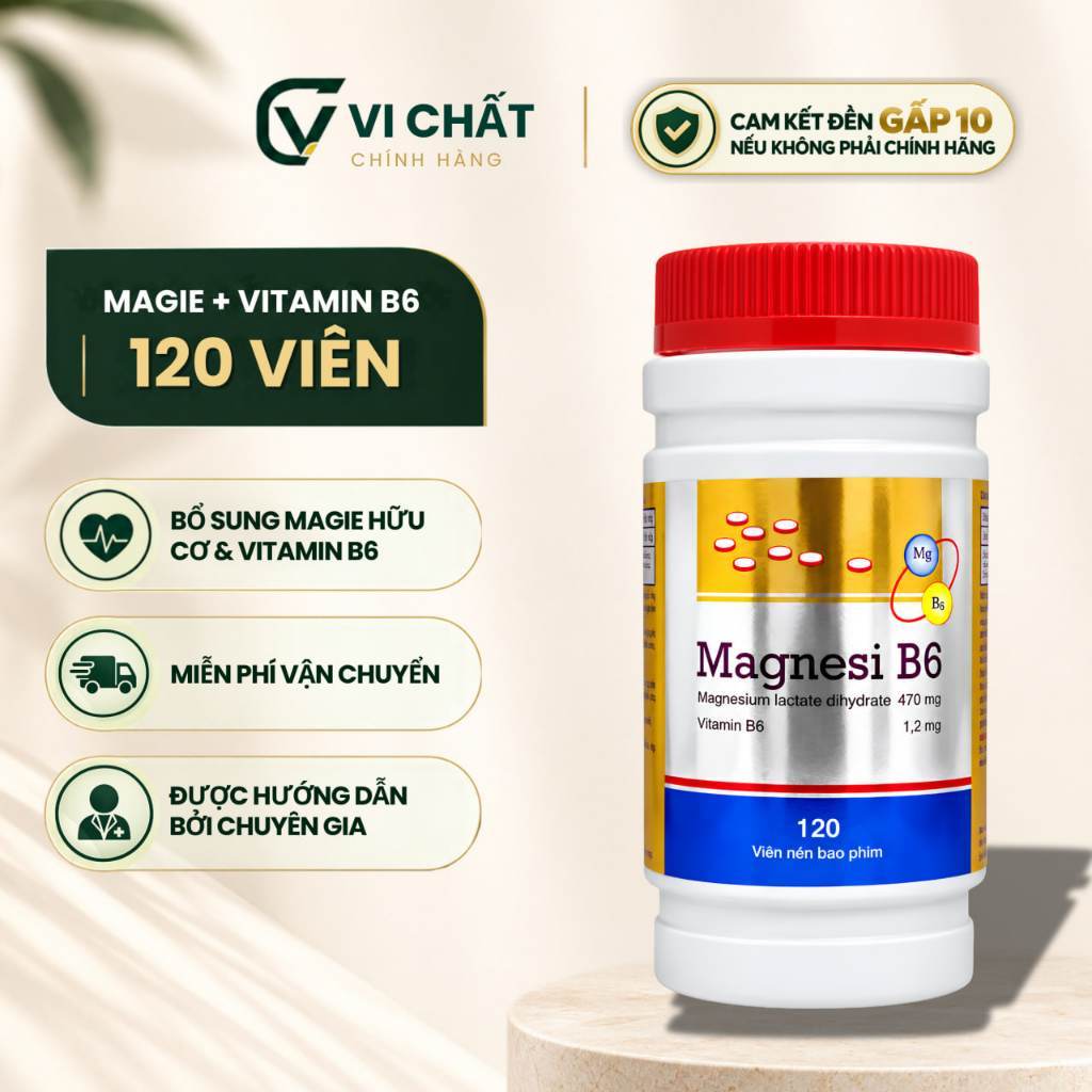 Magie Hữu cơ Lactac Dihydrat 470mg Magnesi B6 120 Viên Bổ Sung Magie Vitamin B6 Hỗ Trợ Giảm Stress C