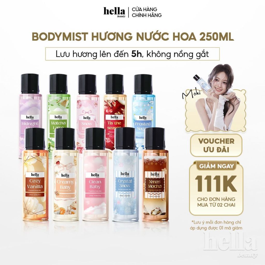 Xịt thơm body mist hương nước hoa Hella Beauty 250ml lưu hương lâu, an toàn cho da nhạy cảm
