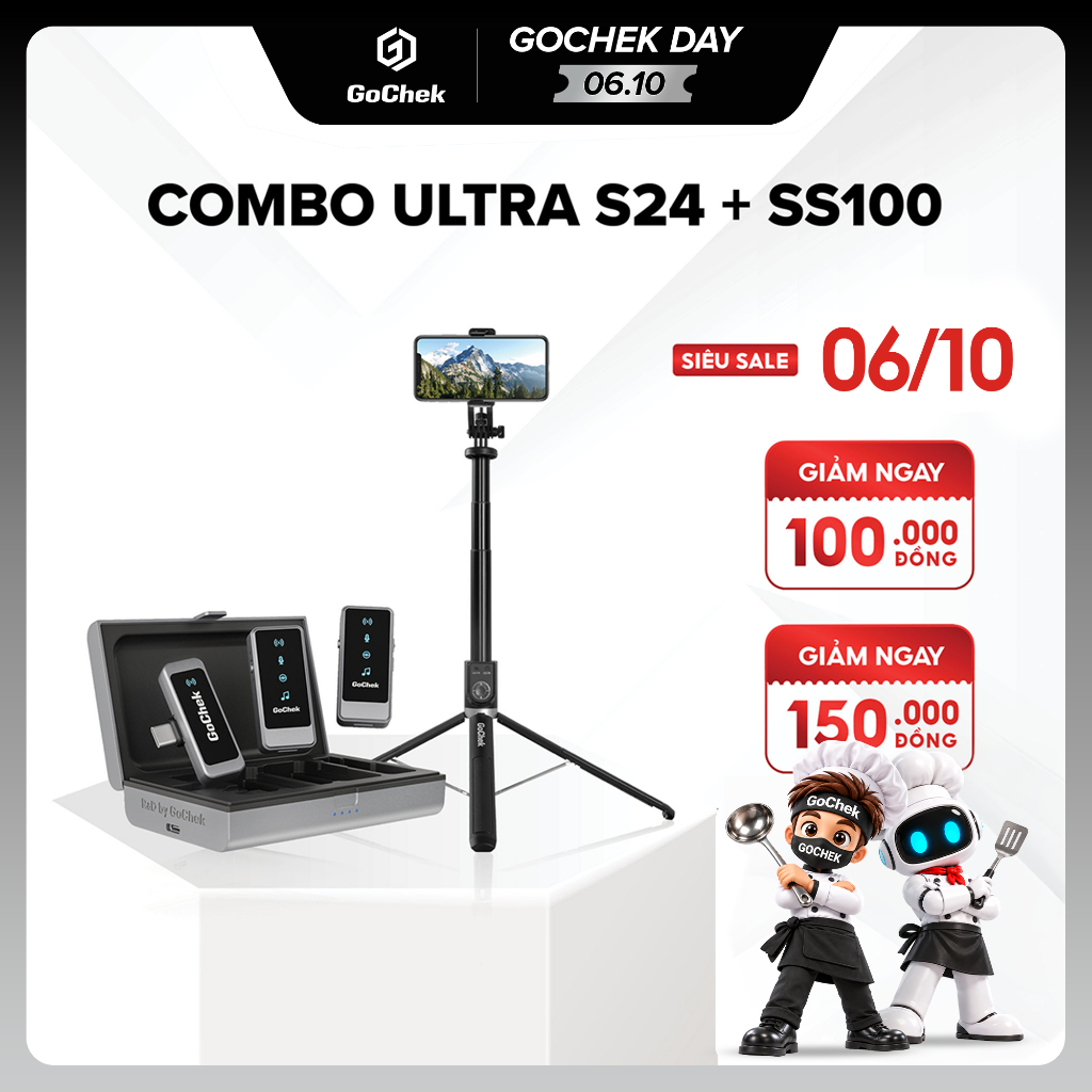 Combo Mic Không Dây GoChek Ultra S24 & Gậy Tripod SS100 – Livestream, Chụp…
