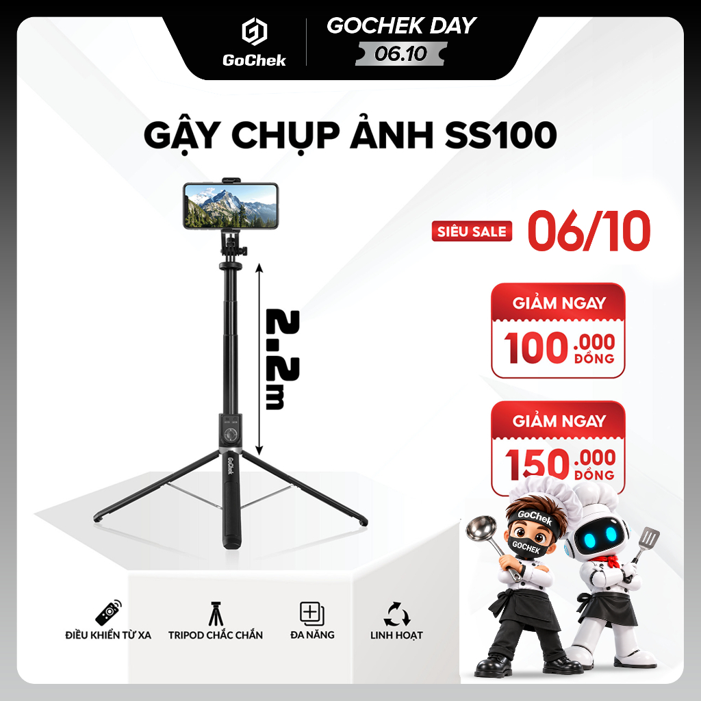 Gậy Chụp Ảnh Tripod GoChek SS100 – Bluetooth, Đa Năng, Kéo Dài 2m2