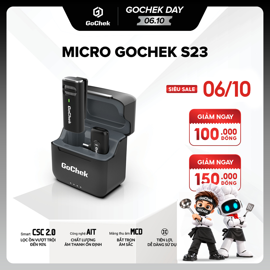 Micro Thu Âm Không Dây GoChek S23 – Kèm Dock Sạc, Lọc Tạp Âm, Dùng Cho Điện…