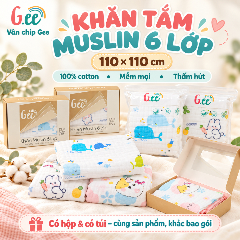 Khăn tắm Gee 6 LỚP muslin cao cấp 100% cotton mềm mại thấm hút kích thước 110*110cm