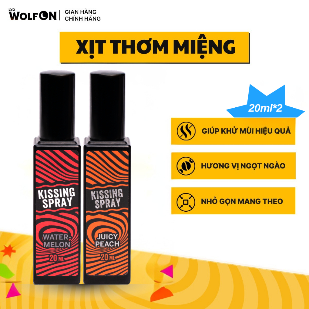 Combo Kissing Spray Vị Dưa Hấu, Đào, Bạc Hà LYD Wolf On, Xịt Thơm Miệng, Vị The Mát Tự Nhiên 20ml