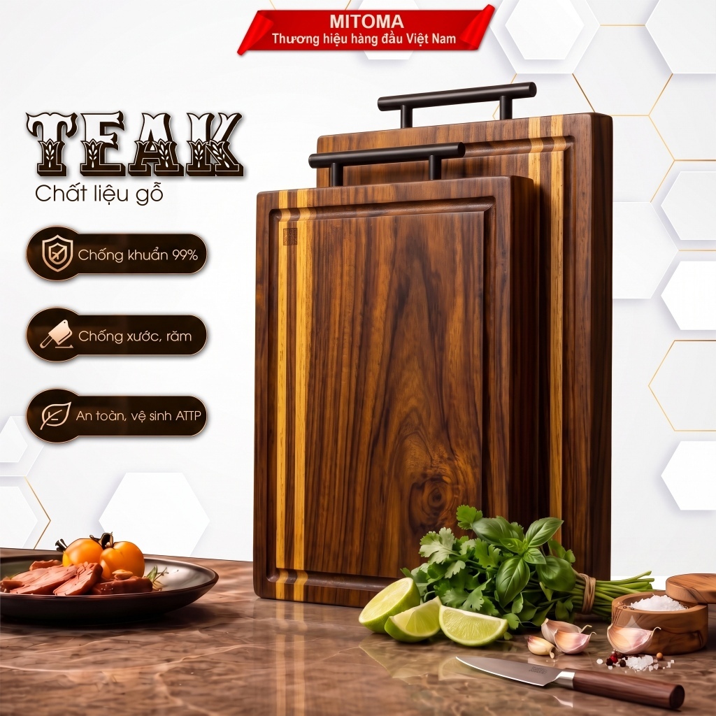 Thớt Gỗ Teak MITOMA chống cong vênh, Không mùn, Không nẻ răm - An Toàn Thực Phẩm, Hình Chữ Nhật