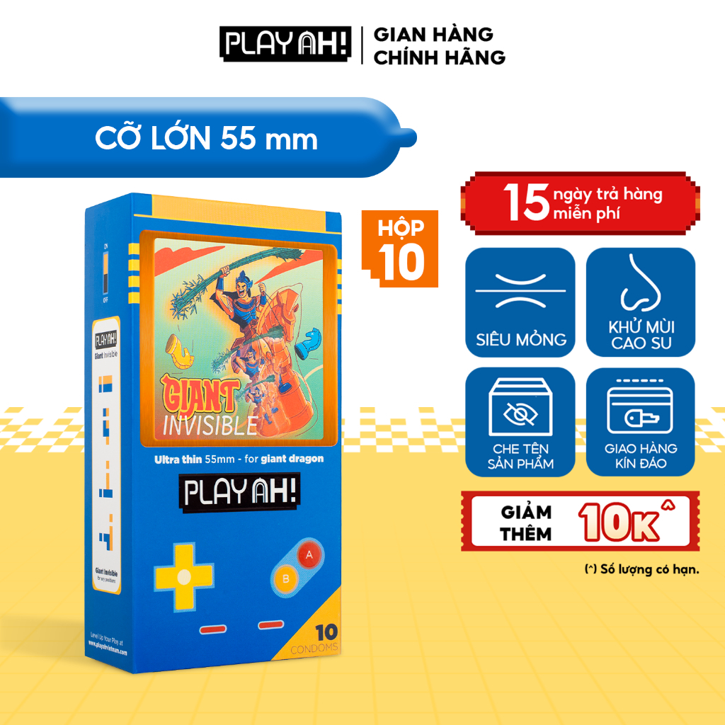 Bao cao su size to PlayAh! Siêu Mỏng 55mm Giant Invisible 24K.Right - Hộp 3/10 Cái